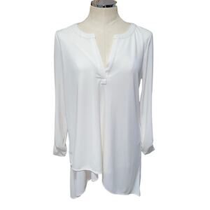 Blyse White Asymmetric Layered Hem Roll Tab Long Sleeve Split Neck Blouse Medium